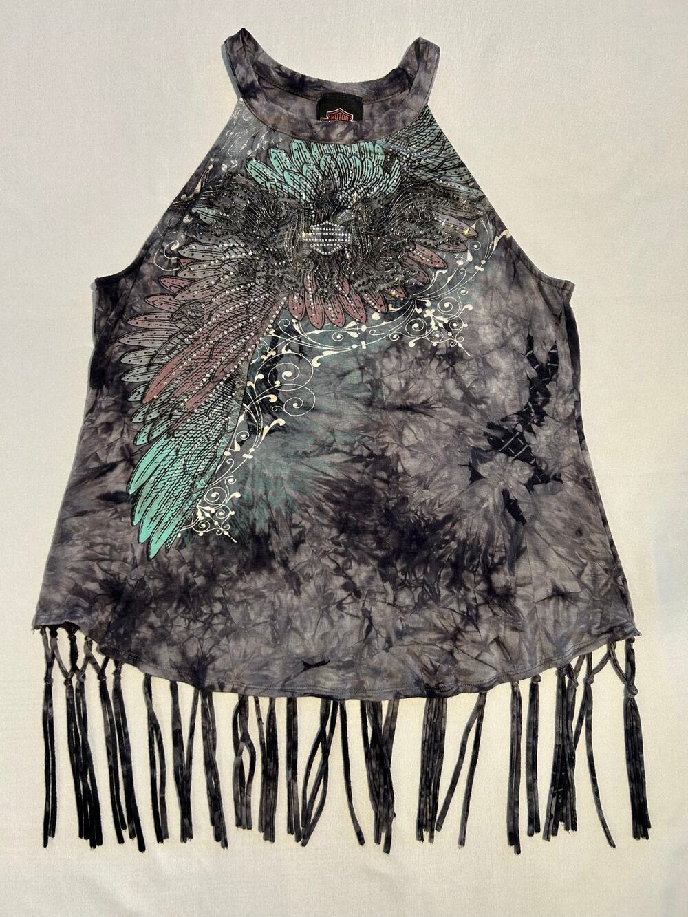 Harley Davidson Tie-Dye Fringe Hem Rhinestones High Neck Tank Top Large